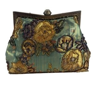 Vintage Y2K Beaded Floral Brocade Frame Purse Teal Gold Chain Garden Party